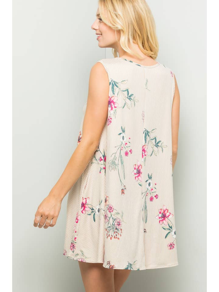 SAND D31002-M Striped Floral Print Dress With Side Pockets for wholesale on Faire