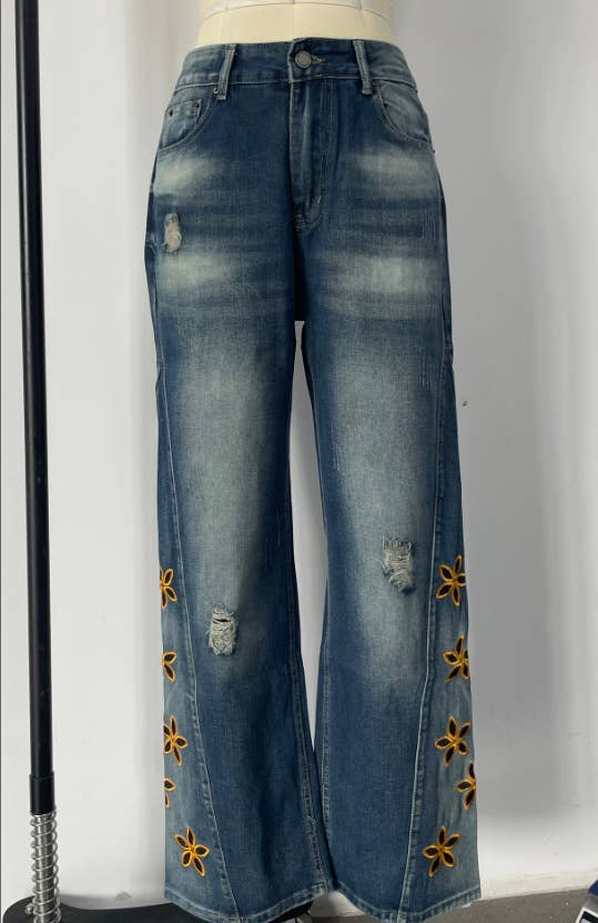 Blue Floral cutout Embroidered Distressed jeans for wholesale on Faire0