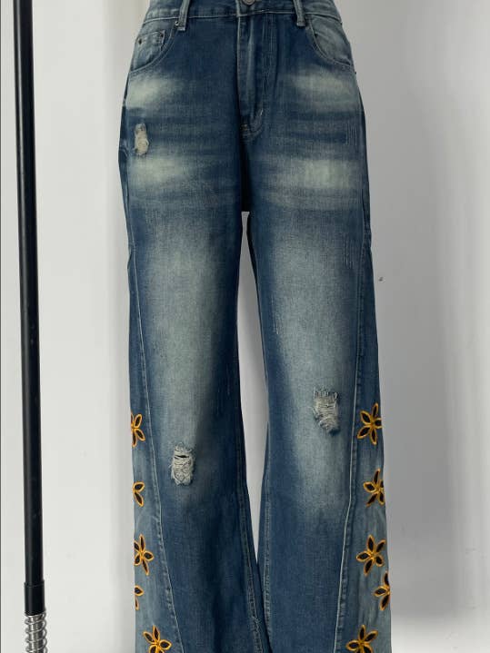 Blue Floral cutout Embroidered Distressed jeans for wholesale on Faire