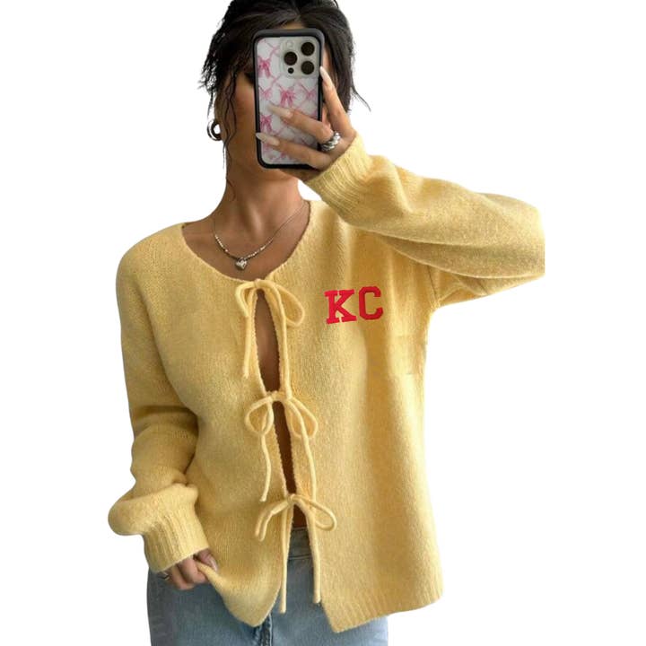 Elby Designs Apparel – Cardigan - Mulher por atacado – Cardigã Amarelo KC, Roupa de Kansas City1