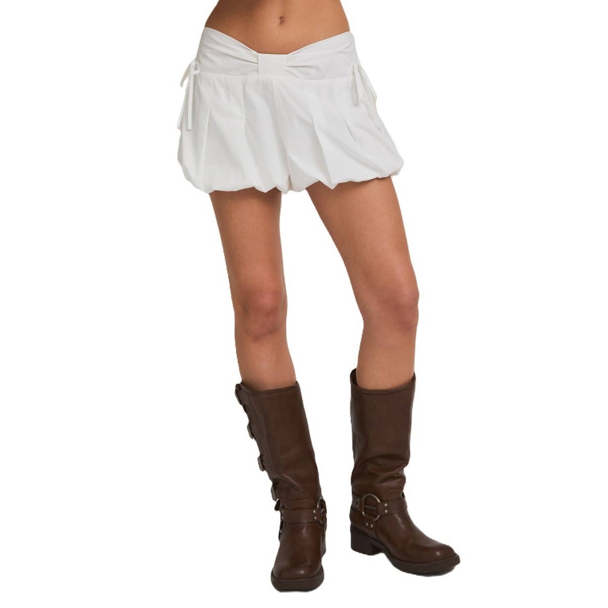 WHITE Mid Rise Bow Detail Bubble Hem Shorts for wholesale on Faire0