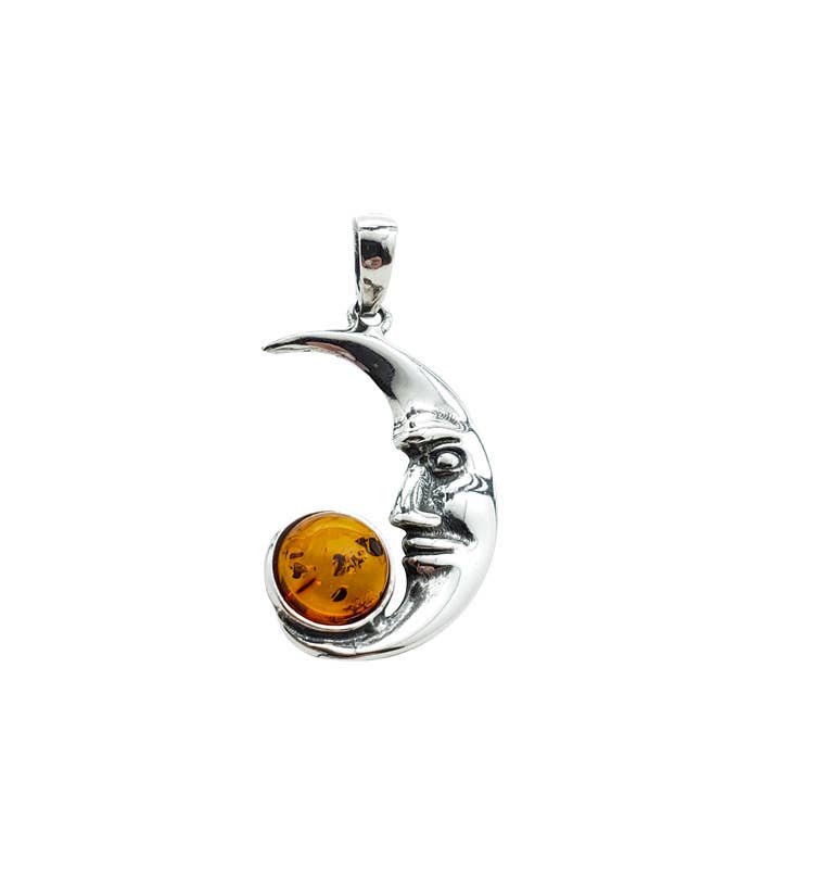 Amberman - Wholesale Individual Charm/Pendant - Cognac Amber Sterling Silver Moon Pendant1