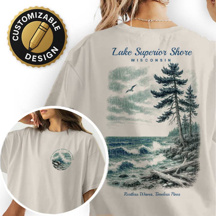T-shirt vintage "Lake Superior Shore Wisconsin" | T-shirt souvenir de voyage des Grands Lacs | Graphique de la nature côtière pour la vente par Textile Graphix