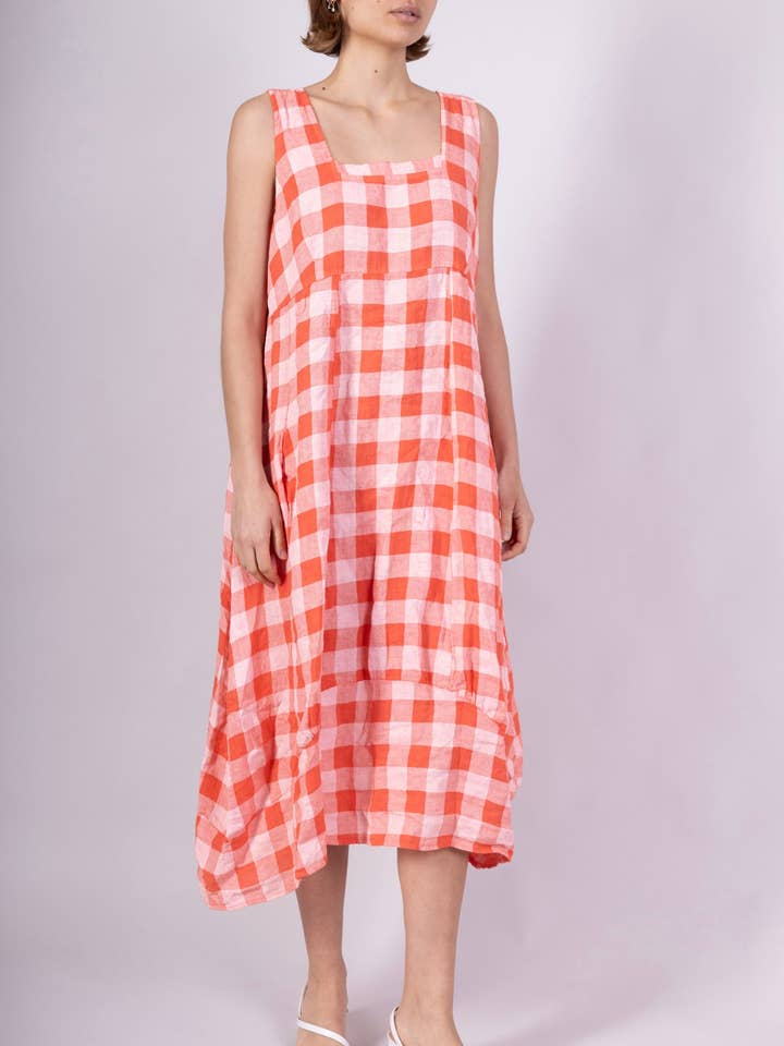 LINEN & COTTON HOUSE - Wholesale Dress β Women's - LINEN DRESS WITH POCKETS, GINGHAM CHECK PATTERN 32219