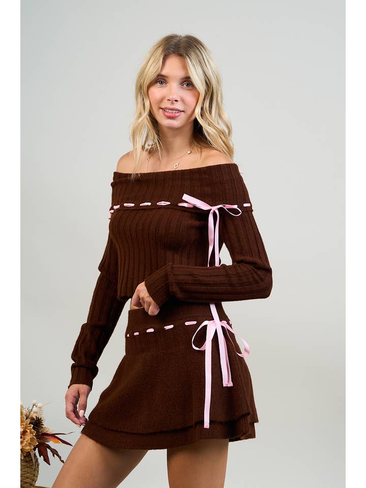Brown OFF SHOULDER RIBBON CONTRAST SET for wholesale on Faire