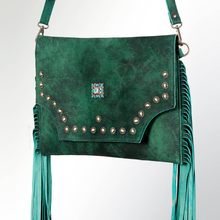 LS Western - Wholesale Crossbody bag – Women's - LC-ADBGZ284 Green Suede Western Fringe Bag - Turquoise Studded Crossbody Flap Purse