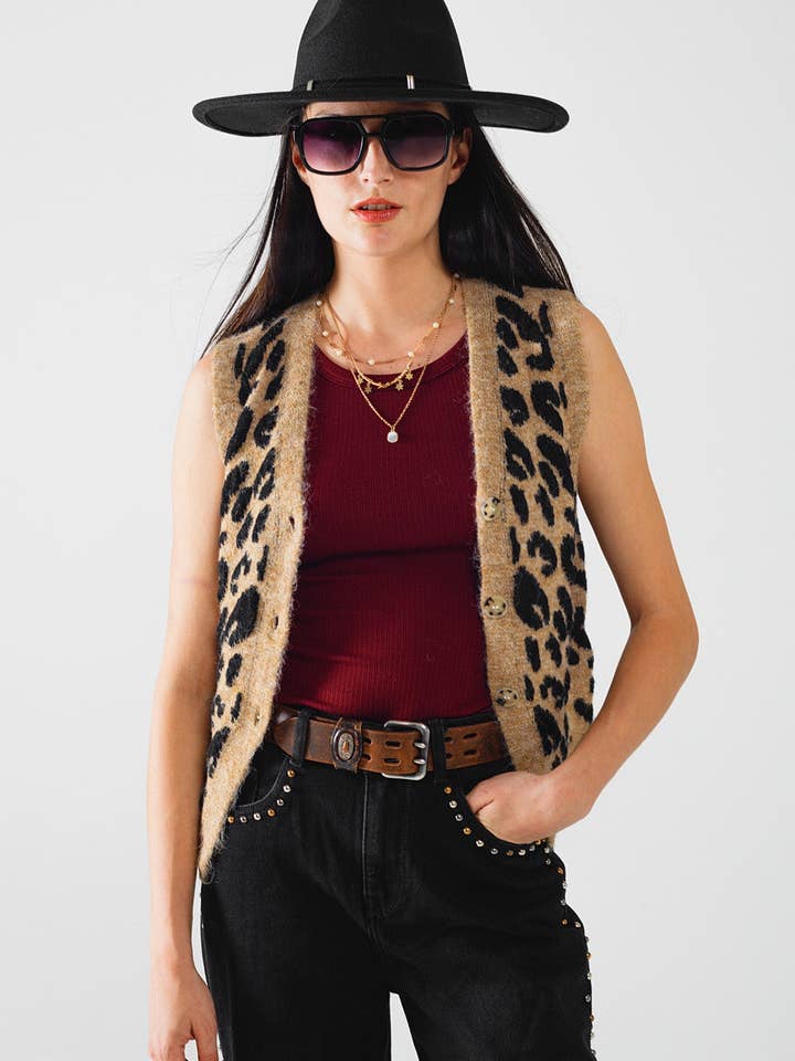 Marrone gilet in maglia con stampa leopardata in vendita all'ingrosso su Faire1