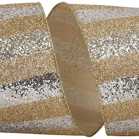 Glitter Gold Bar Duo Wired Edge, Gold/silver, 4 In, 10 Yards for wholesale by RELIANT RIBBON