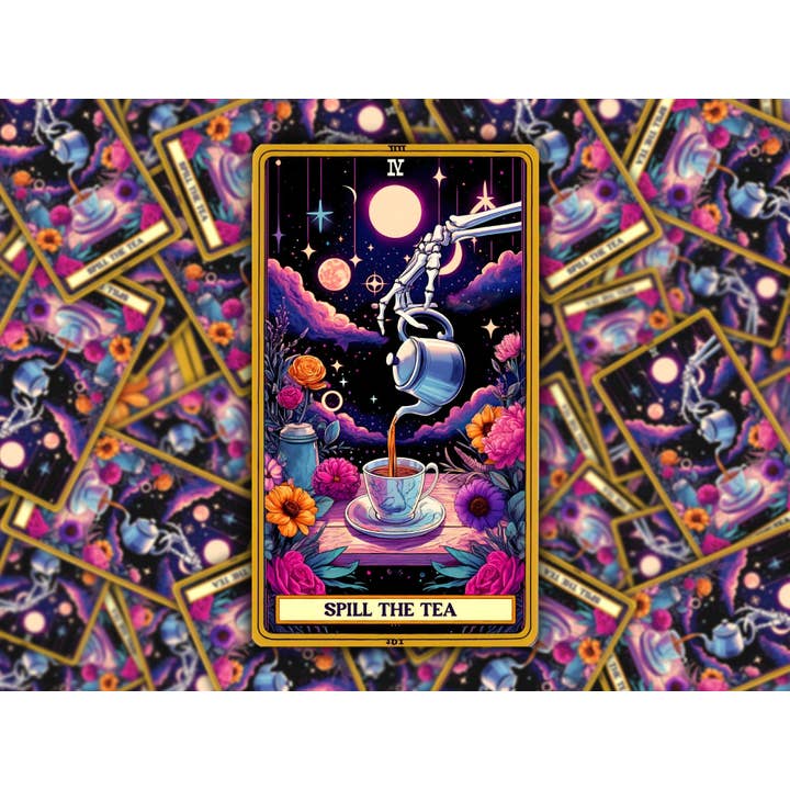 Spill the Tea Tarot Card - Skeleton Vinyl Sticker for wholesale by Bearded Crafter