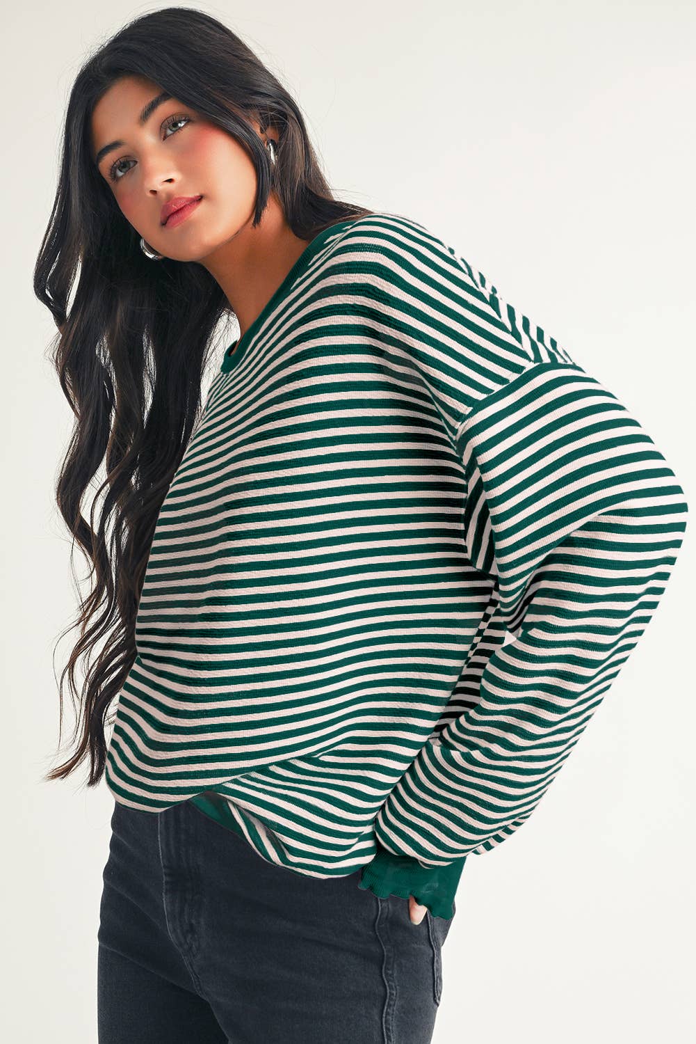 Little Daisy Closet - Wholesale Blouse - Women's - LDC Stripe Long Sleeve Drop Shoulder Top5