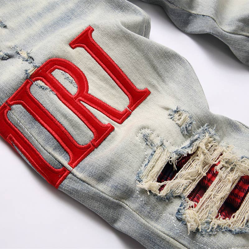 Blå Broderade slitna jeans herr slim fit skinny jeans för wholesale på Faire11