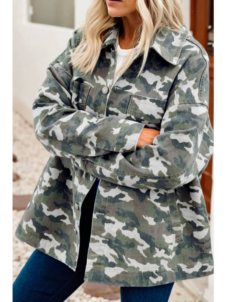 Green LDC Camo Chest Pockets Loose Jean Jacket for wholesale on Faire1