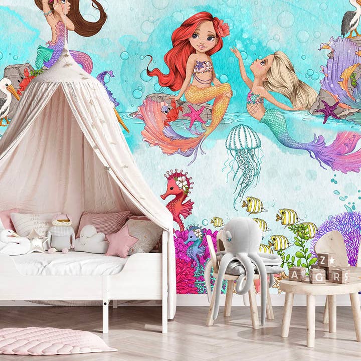Mermaid and Jellyfish Nursery Wall Mural - Fabric Wallpaper with Seahorse Coral and Pelican Designs - WM022 for wholesale by WallKoala