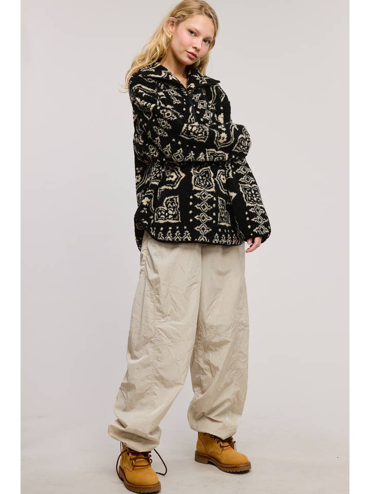 Black Paisley Patchwork Print Sherpa Pullover for wholesale on Faire