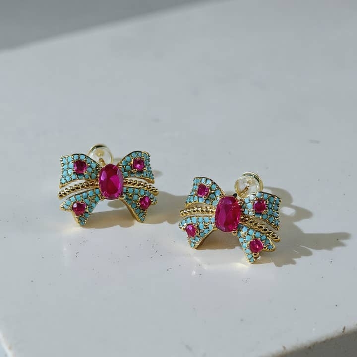 18K Gold Plated Colorful CZ Bow Stud Earrings for wholesale by Revelari