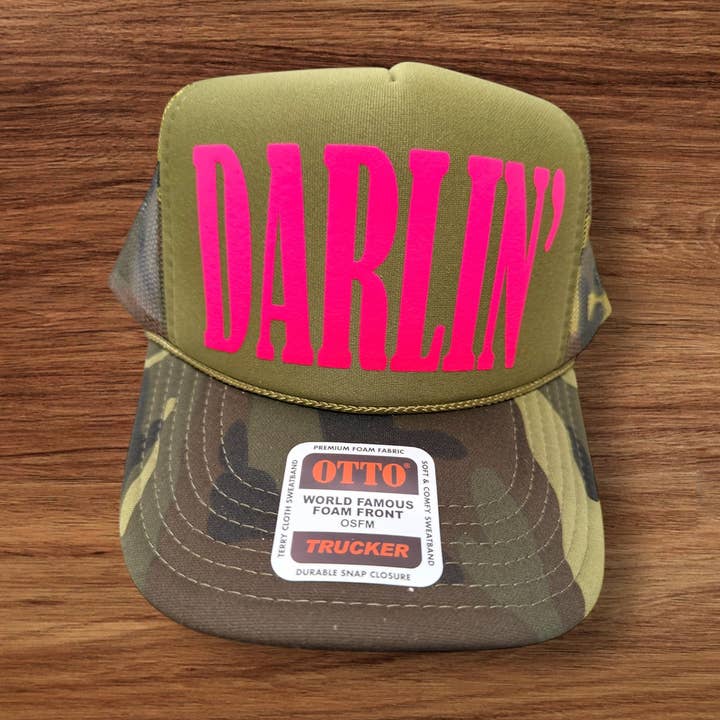 DARLIN PINK PUFF on Camo and Olive Foam Trucker Hat for wholesale by Southern Attitude Designs Inc