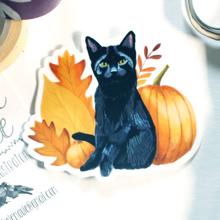 michele maule - Wholesale Sticker - 2.5" x 3" Single Cat and Pumpkins Sticker0