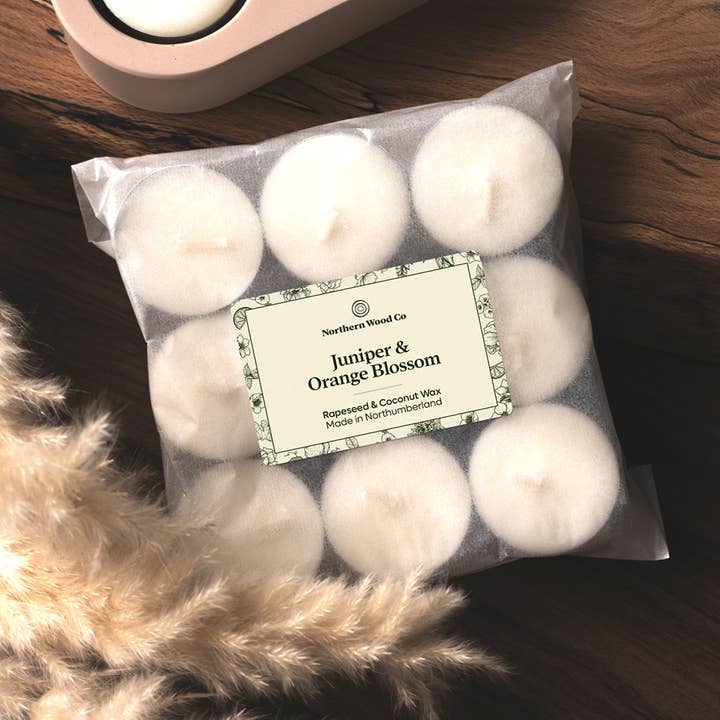 9 Juniper & Orange Tea Lights, Rapeseed & Coconut for wholesale by The Northern Wood Co