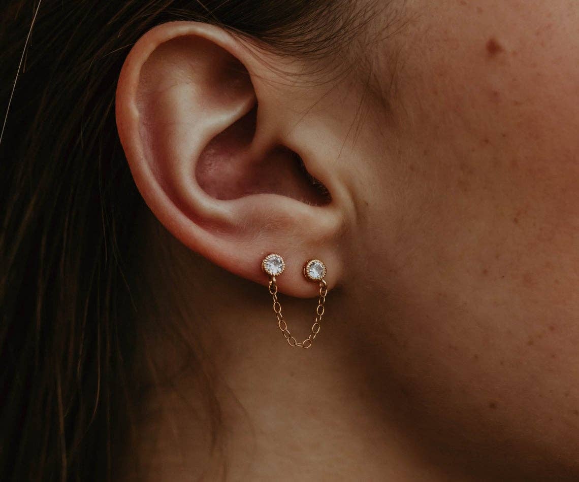 A Worthy Brand - Wholesale Dangle Earrings - Double Piercing Earring Chain - Dainty Chain CZ Double Studs6