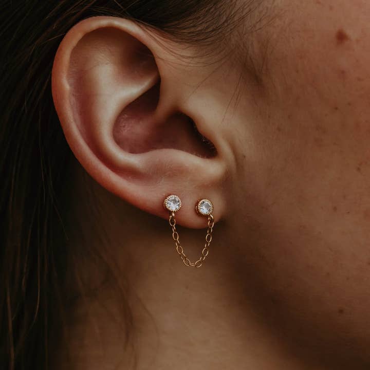 A Worthy Brand - Wholesale Dangle Earrings - Double Piercing Earring Chain - Dainty Chain CZ Double Studs6