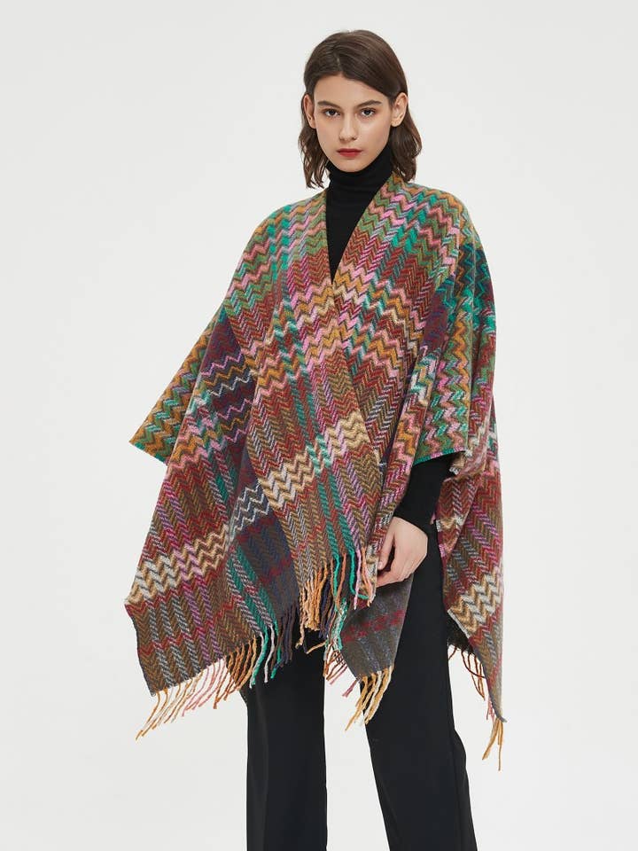 ePretty - Wholesale Poncho - Women's - Multi Color Chevron Printed Knit Wrap with Tassels Z1-PJP129