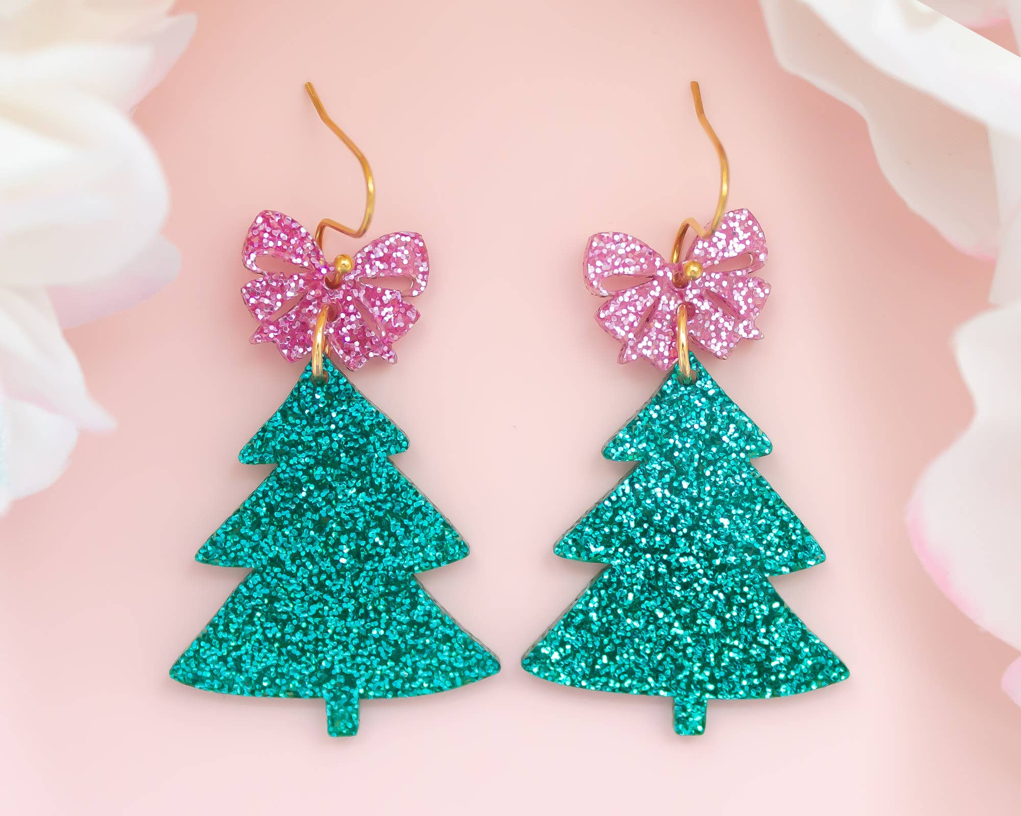 Momenti di Vita - Wholesale Dangle Earrings - Christmas Tree Bow Earrings Teal Pink Glitter Holiday Dangle
