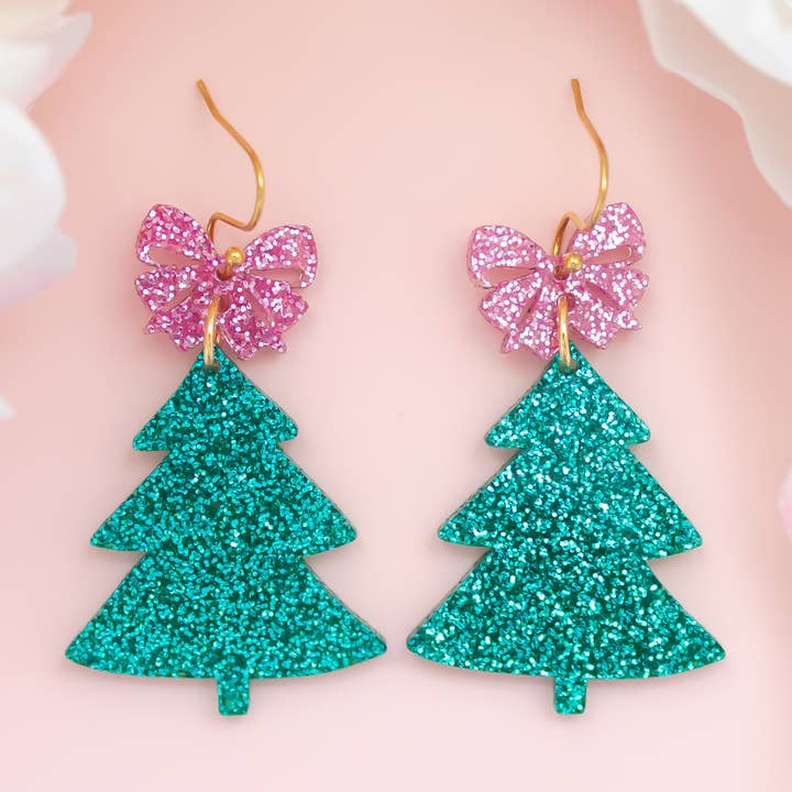 Momenti di Vita - Wholesale Dangle Earrings - Christmas Tree Bow Earrings Teal Pink Glitter Holiday Dangle