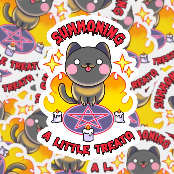 Summoning A Little Treato | Large Waterproof Cat Sticker for wholesale by Lemon Whiskers