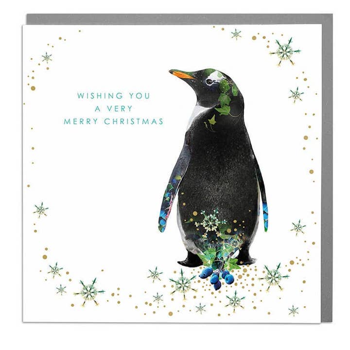 Lola Design Ltd - Wholesale Christmas Card - Wildlife Botanical Xmas - Single penguin- Merry Christmas