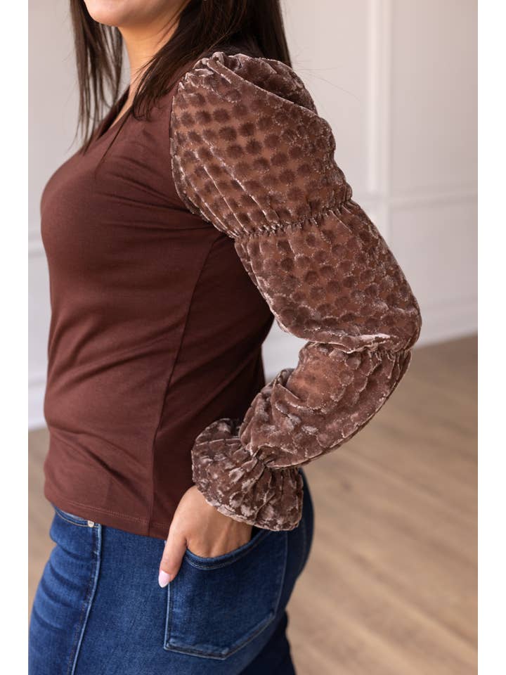 Brown Top With Burnout Velvet Sleeves for wholesale on Faire2
