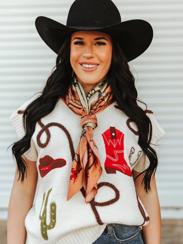 Beige Cow Skull Western Brand Printed Wild Rag for wholesale by LUCKY & BLESSED