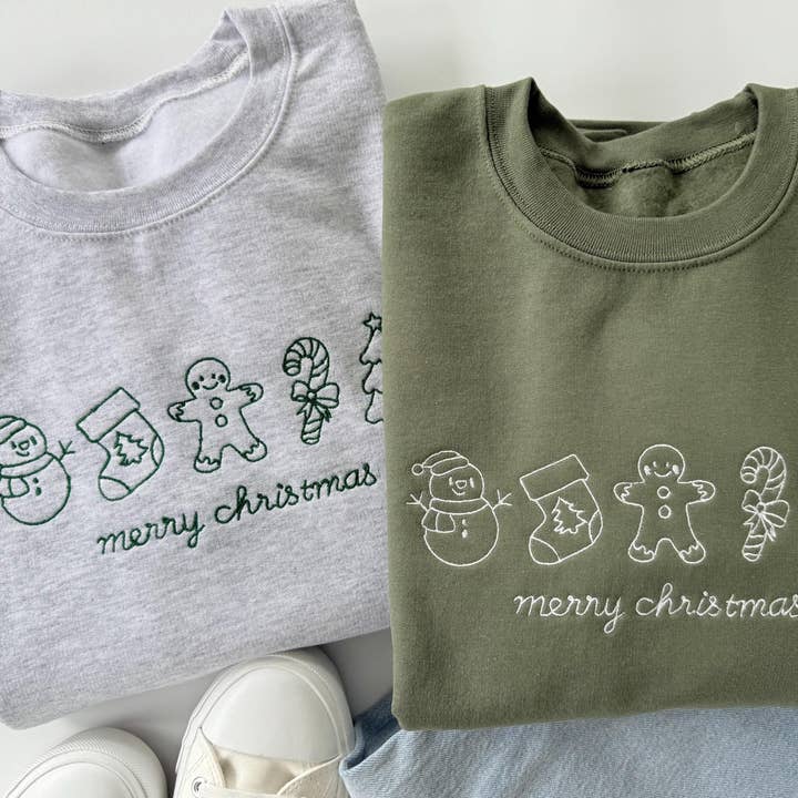 Embroidered Merry Christmas Sweatshirt: Holiday Icons, Cozy Fleece for wholesale by Up2ournecksinfabric