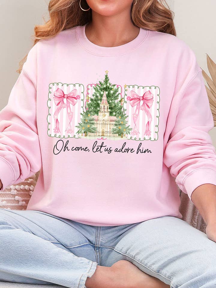 Notes Oh Come Let Us Adore Him Sweat-shirt à col rond en mélange épais pour la vente par Wholesale Accessory Market