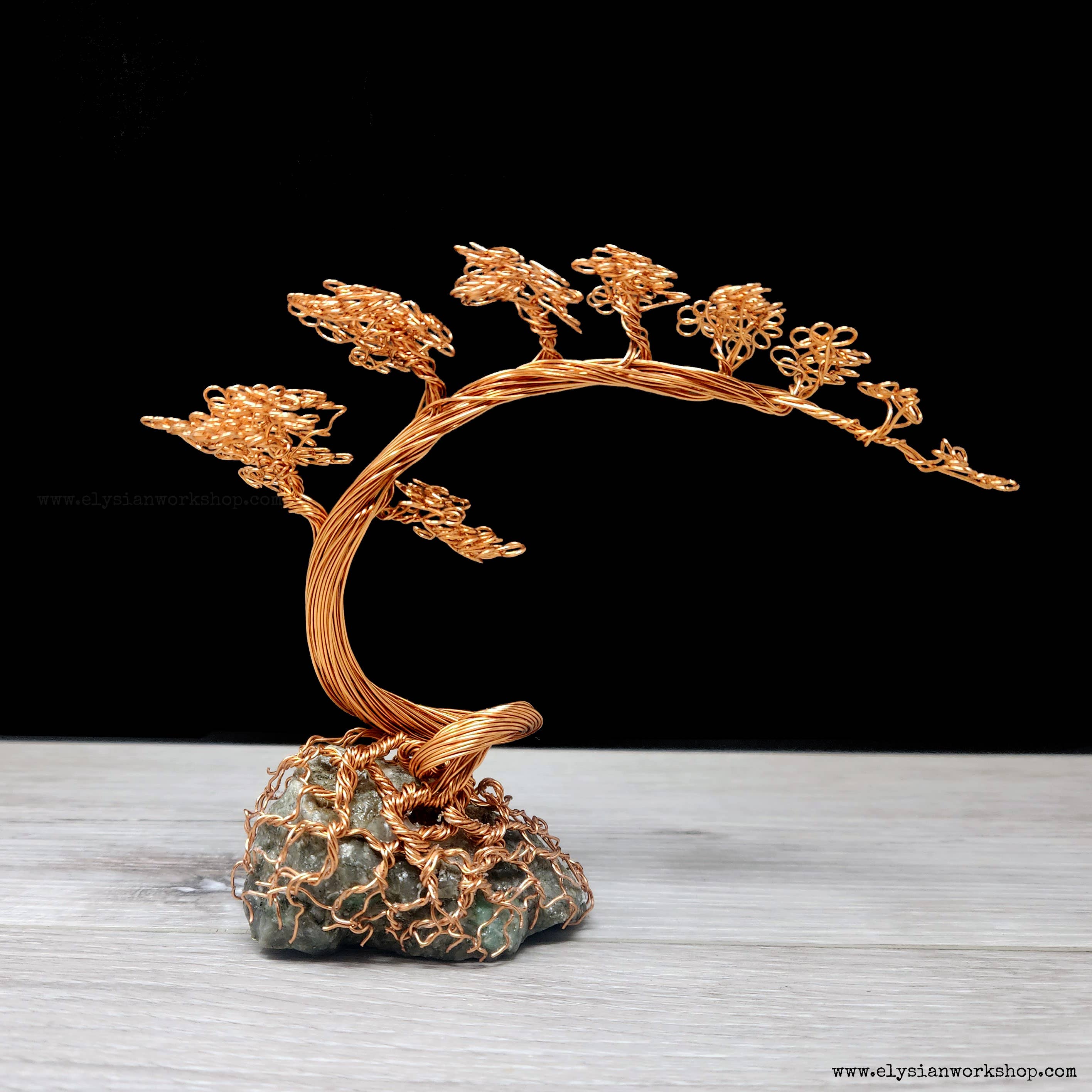 Elysian Workshop - Wholesale Sculpture - Copper Wire Bonsai Tree Sculpture on Emerald Matrix