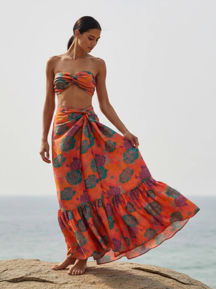 Gonna lunga avvolgente in seta stampata Sibyl - Caribe | Edizione limitata in seta thailandese realizzata a Bali per la vendita all'ingrosso da parte di AMARIS - Sustainable Womens Resortwear