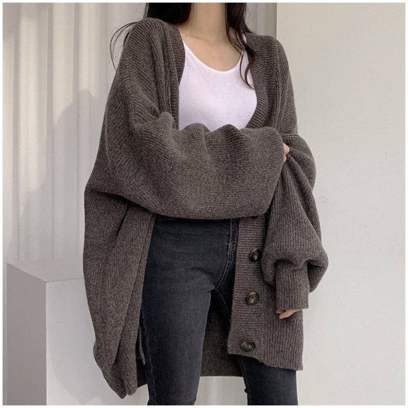 FurDecoration - Wholesale Cardigan - Women's - Relaxed Fit V-Neck Solid Color Chunky Knit Sweater1