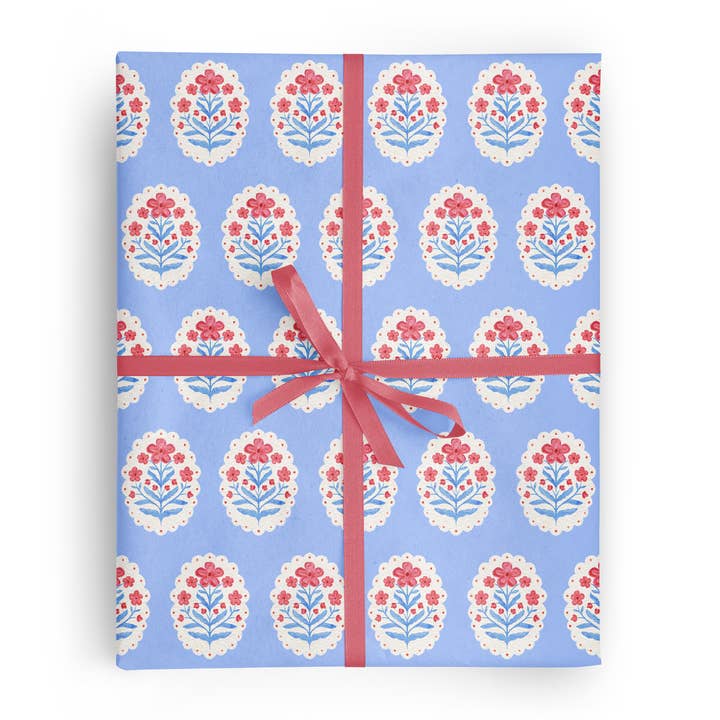 Vivie and Ash - Wholesale Wrapping Paper Roll - Red White and Blue Cameo Floral Botanical Wrapping Paper