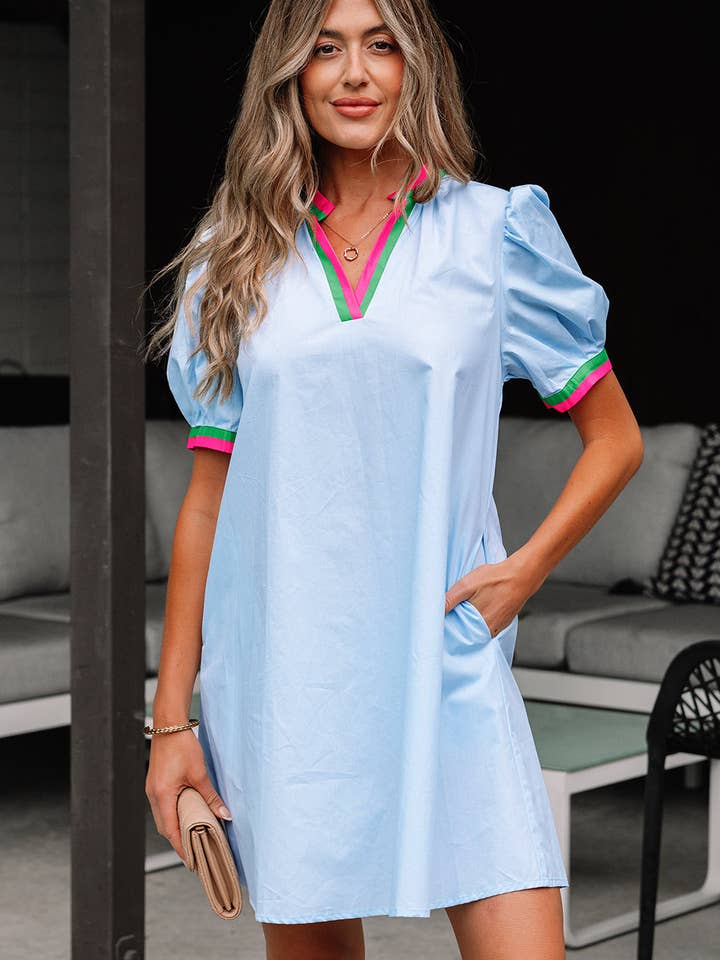 Lily Striped Notched V Neck Puff Sleeve Mini Dress for wholesale by Threaded Pear