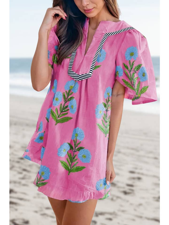 Aapparella - Wholesale Dress - Women's - Floral Print Short Sleeve Split Neck Mini Dress | S-XL