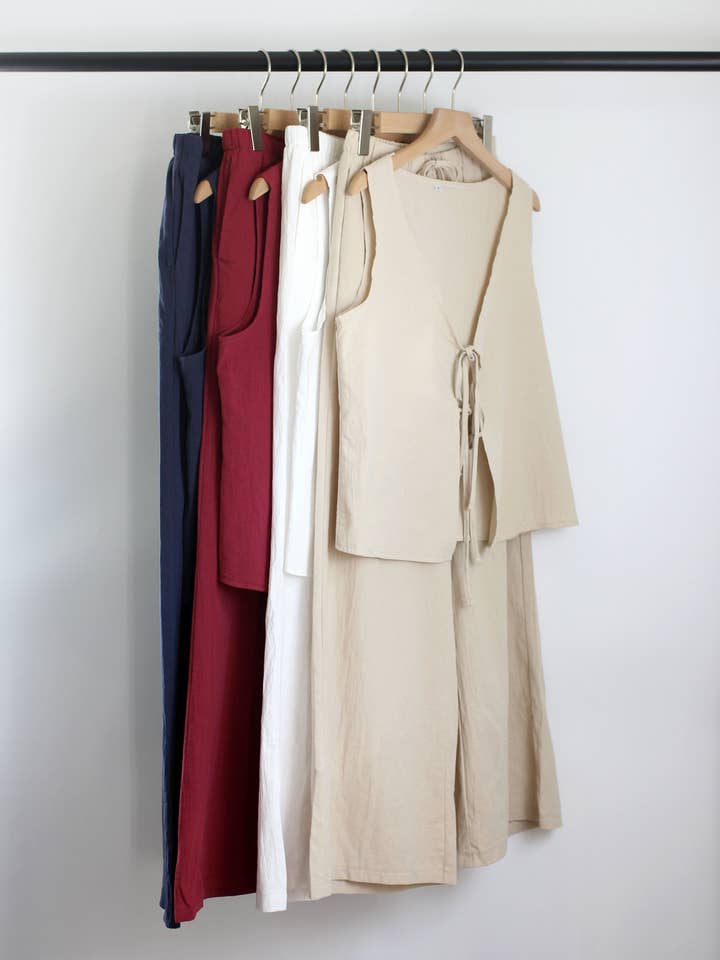 E2503DY14204 - Haut sans manches à col en V avec nœud pour femme et pantalon large pour la vente par ESLEY