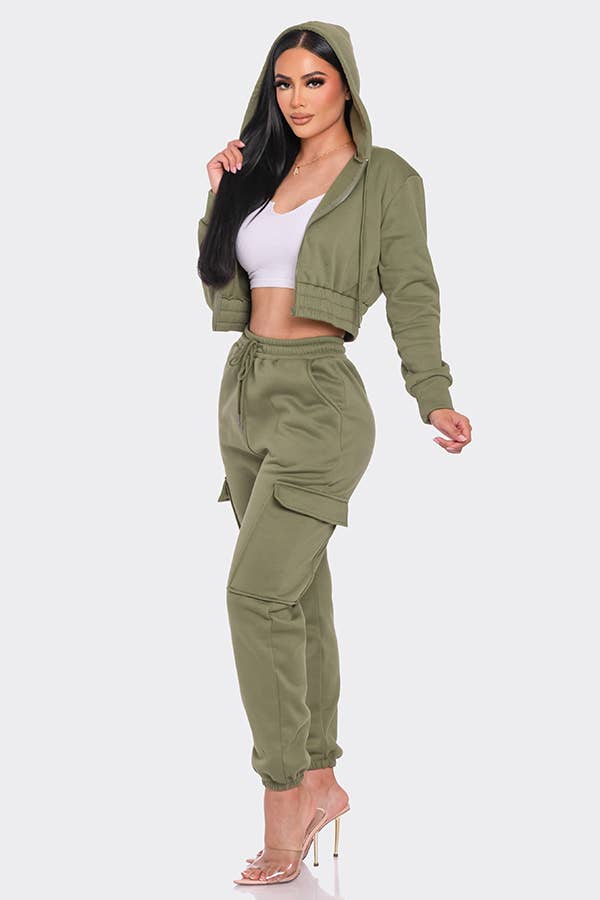 Lime All the Time – Engroshandel Top- og buksesæt (IKKE Loungewear) - Dame – 2 stk beskåret lynlås hættetrøje og Cargo Jogger Bukser Sæt17