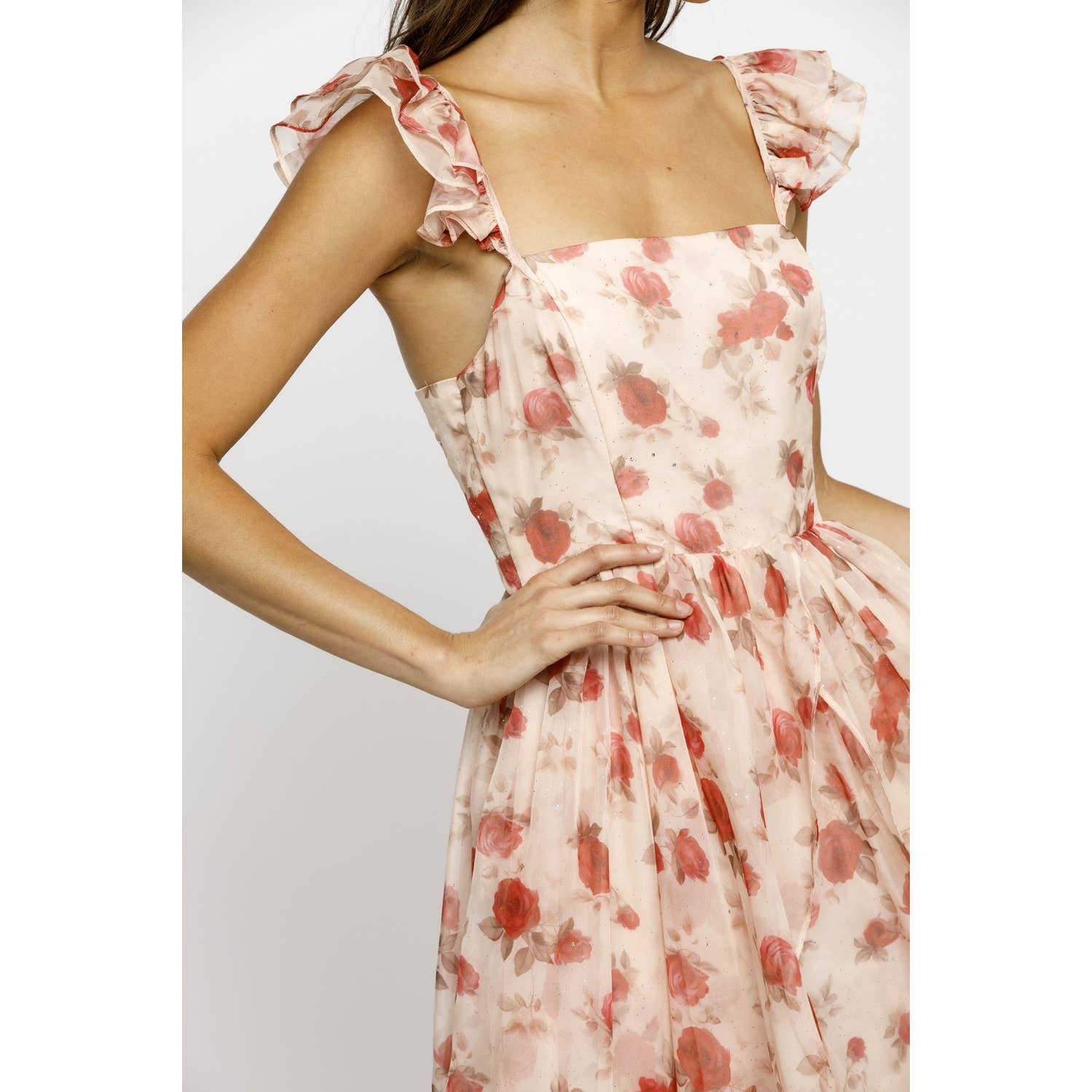 BLUSH RED FL JD6357-1- PINK FLORAL ASSYMETRIC MAXI DRESS  for wholesale on Faire6