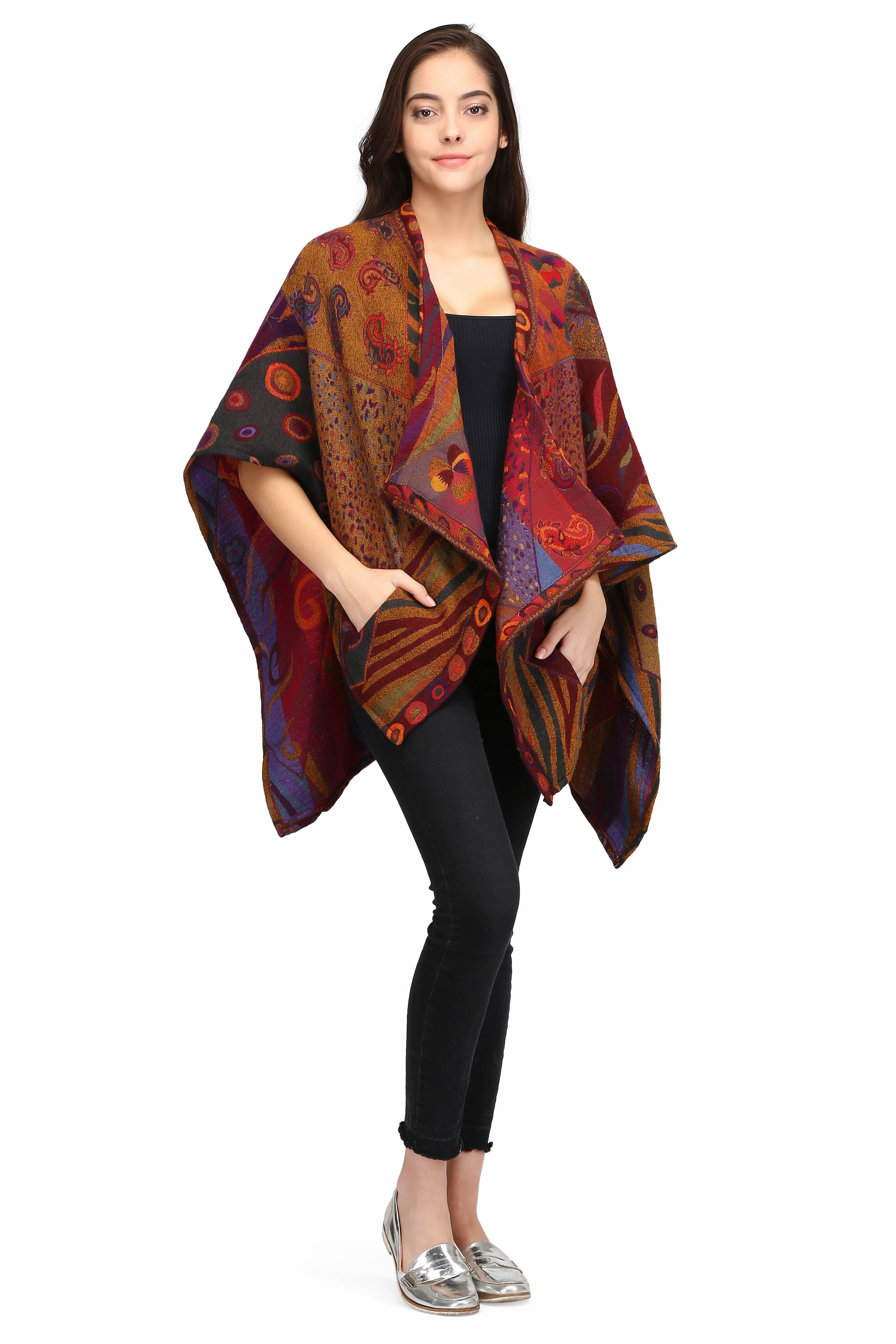 In Style Scarves - Vendita all'ingrosso Poncho - Donna - Poncho-Cappa 515 in pura lana Merino australiana, colore prugna2