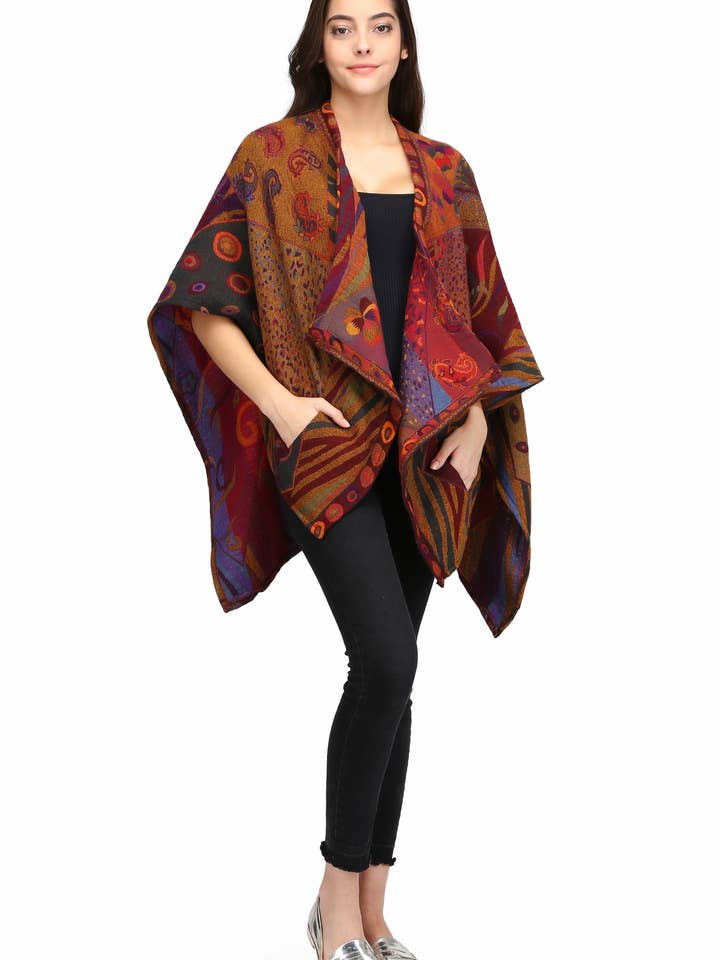 In Style Scarves – Poncho - Mulher por atacado – Poncho capa 515 em lã Merino Australiana fervida - Ameixa2