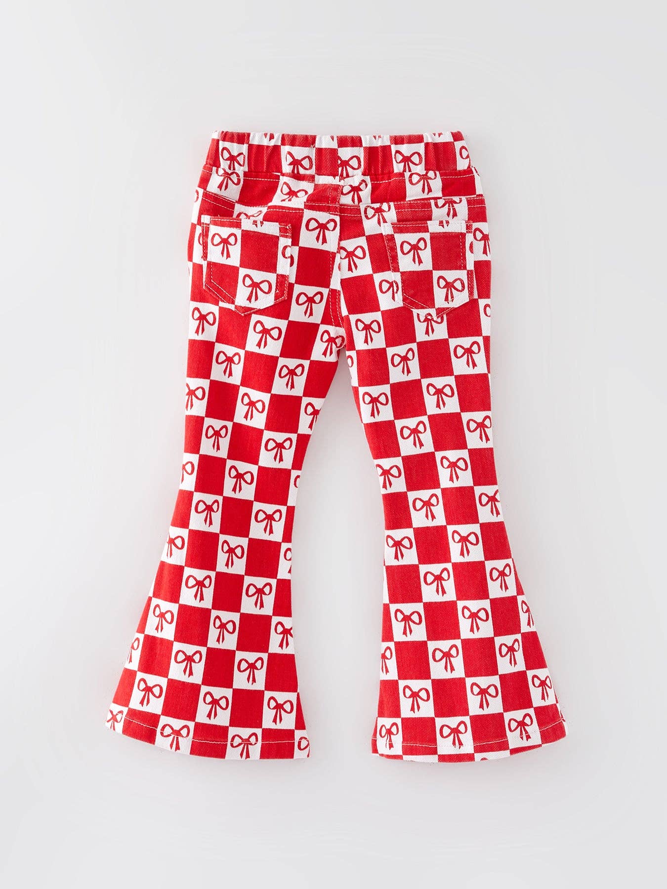 Rylee Faith Designs - Vente Jean – enfant - Jeans évasés à carreaux avec imprimé nœud rouge pour filles1