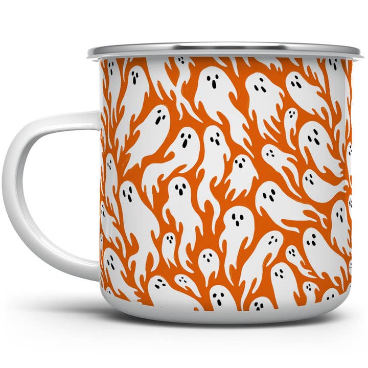 Ghost Pattern Camp Mug, Spooky Paranormal Halloween Gifts for wholesale by Loftipop