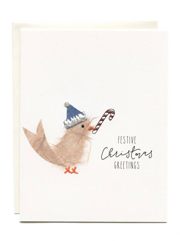 "Festive Christmas Greetings" Bird w/ Candy Cande for wholesale by FLAUNT HANDMADE CORRESPONDENCES