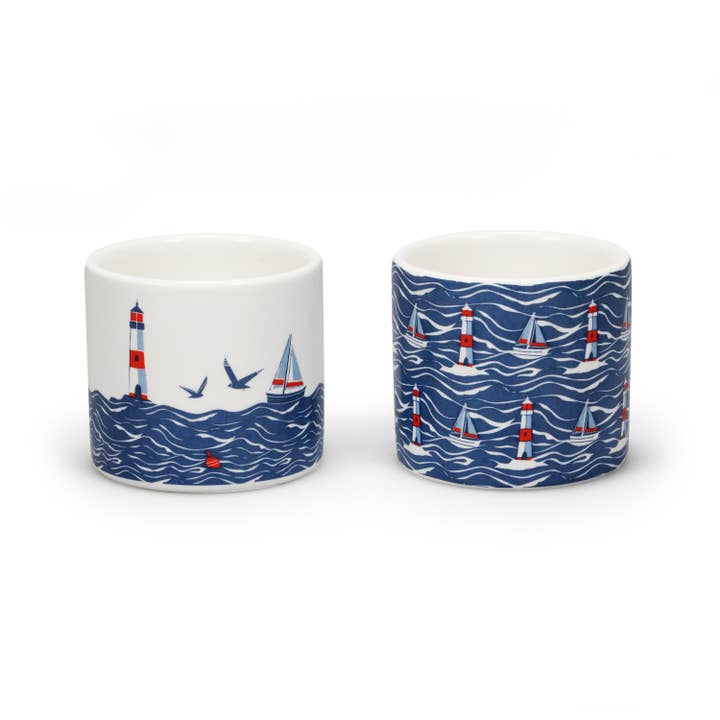 Ceramic Egg Cups Coastal Waves Lighthouse Seashore for wholesale by Half Moon Bay By Design