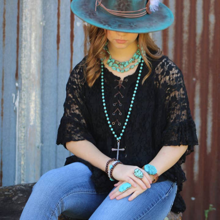 The Jewelry Junkie - Wholesale Pendant/Charm Necklace - Turquoise Long Beaded Necklace with Antique Copper Cross 255r2