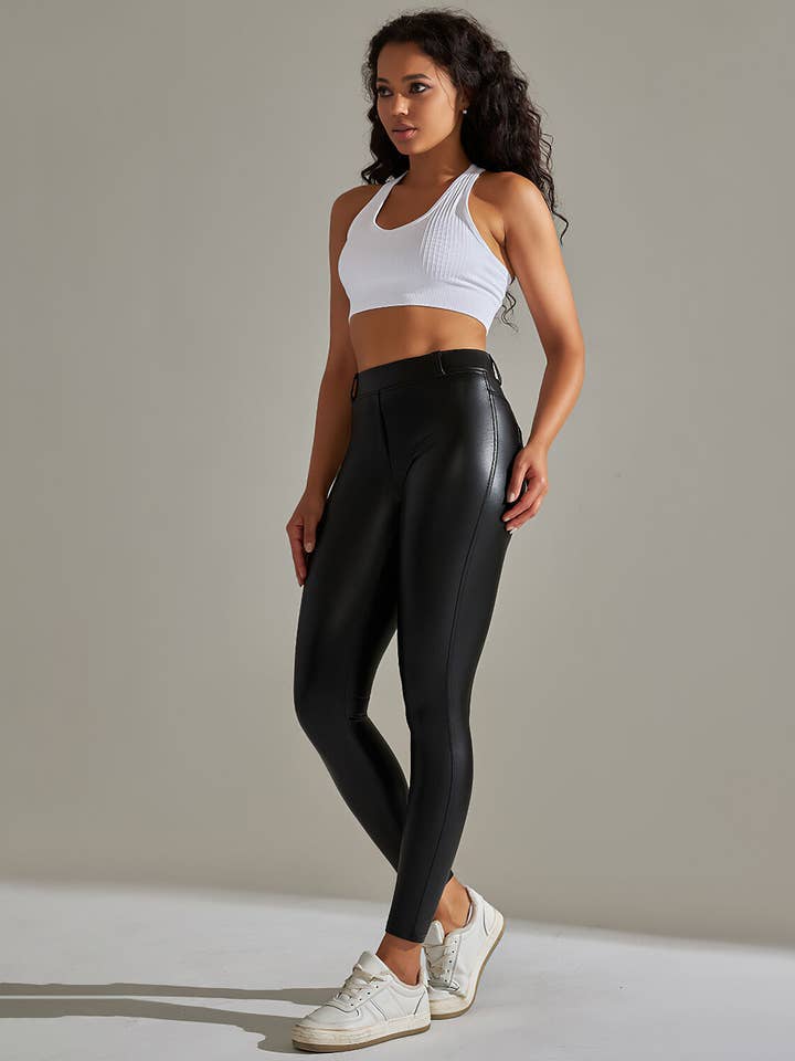 React Activewear - Wholesale Fashion Leggings - Women's - Kenna Vegan Leather Leggings - Black
